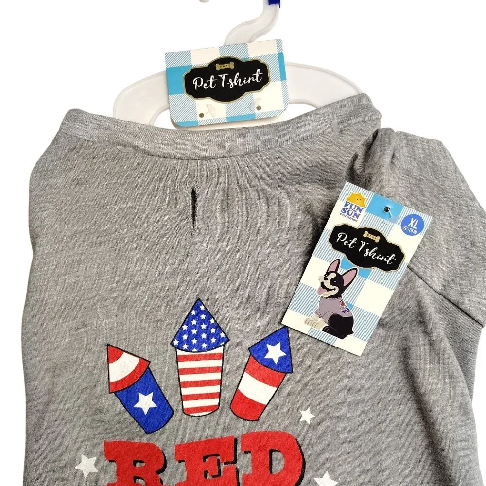 Red White And Woof Patriotic Size XL Gray With Graphic Dog T-Shirt